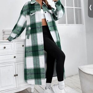 SHEIN- plaid drop shoulder flap detail shacket overcoat.